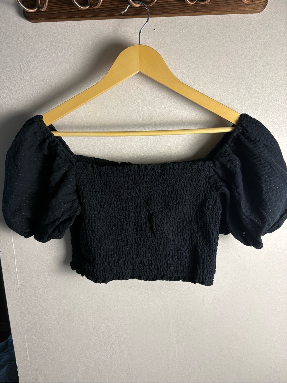 wild fable Black Smocked Puff-Sleeve Crop Top with Swiss Dot Design Size XS